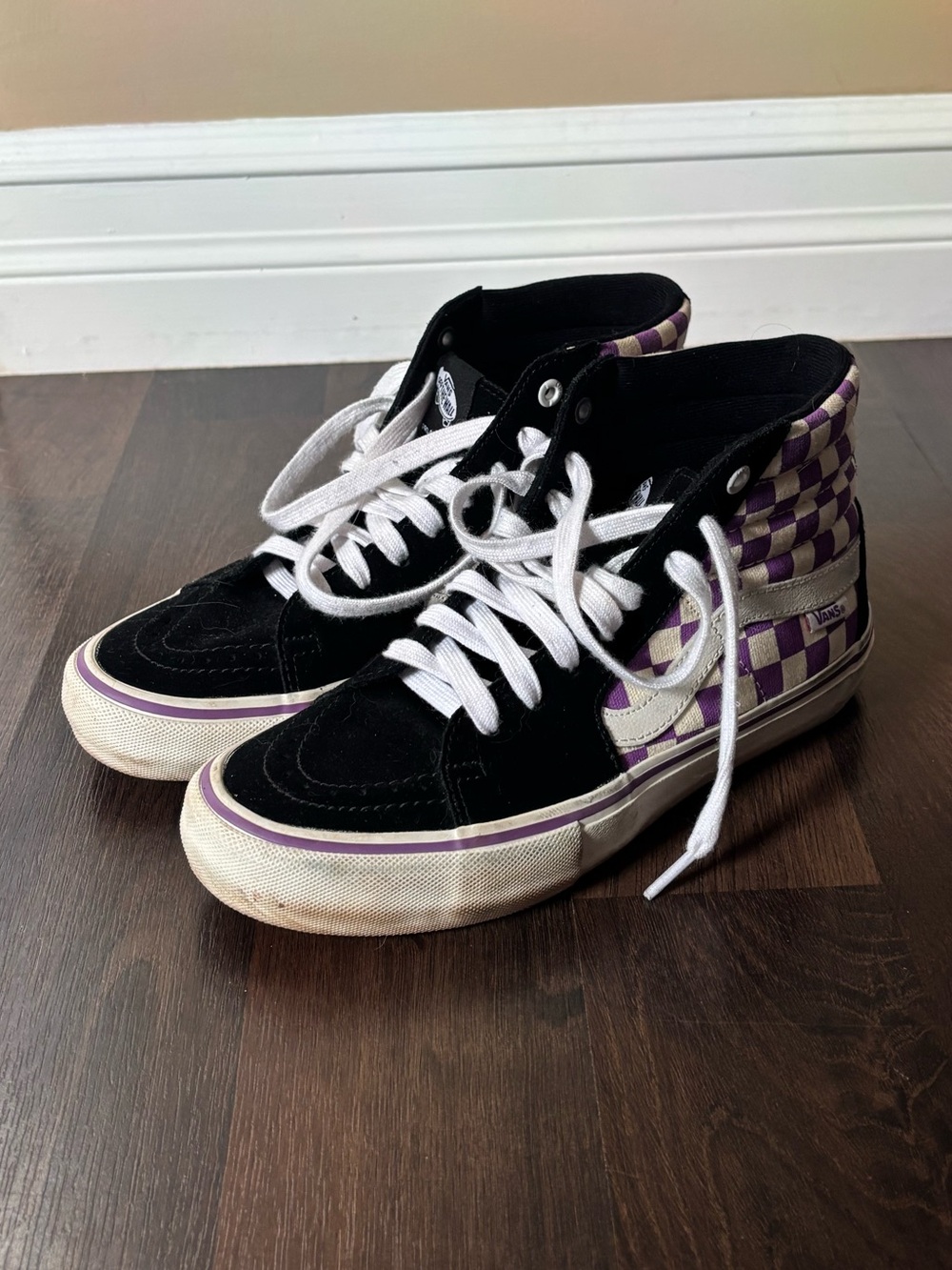 Vans Sk8-Hi Shoes Black, White and Purple Checkerboard US Women’s Size 7.5
